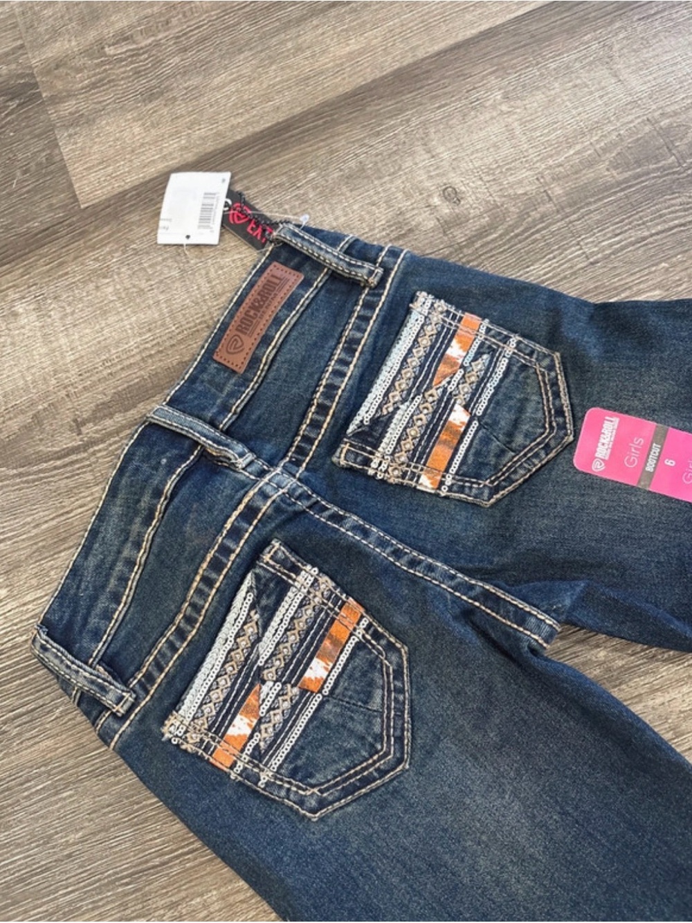 Rock & Roll Dark Blue Boot Cut Jeans with Orange & White Pocket Trim